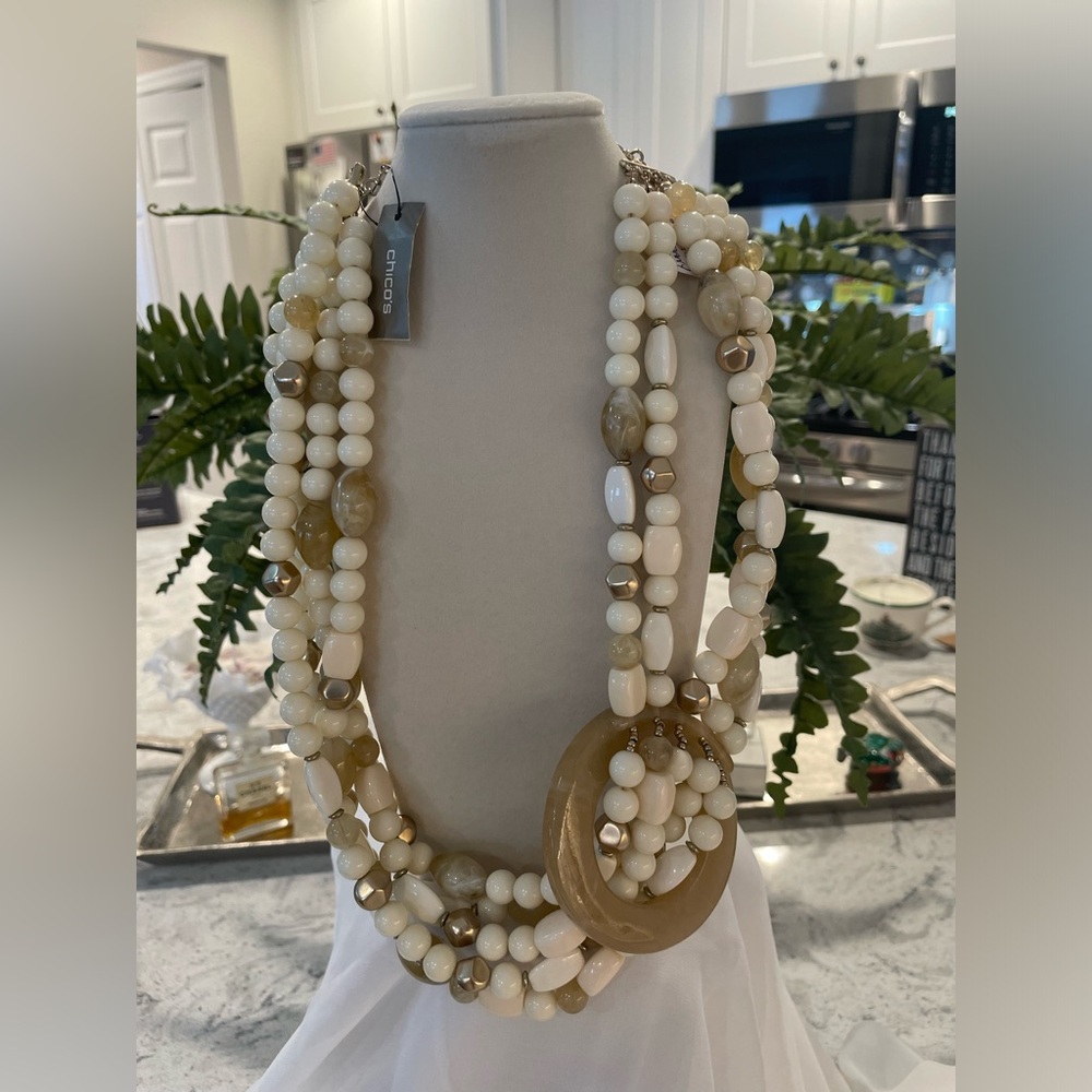 NWT CHICOS Jayde multi strand tan and ivory tone necklace and Germany earrings